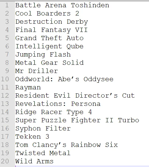 Numeración interna de juegos en PlayStation Classic Mini