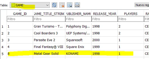 Información de un juego en la base de datos de PlayStation Classic