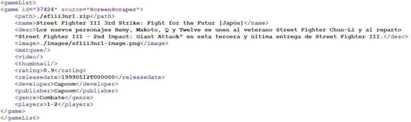 Ejemplo de fichero gamelist.xml generado por Universal XML Scraper
