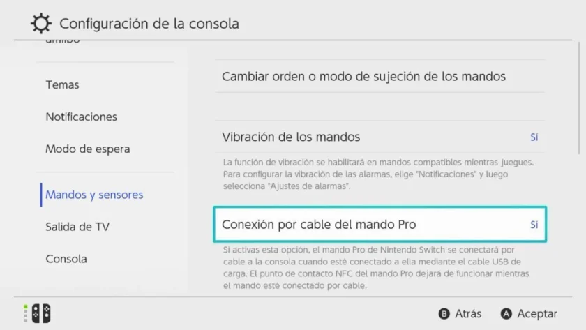 Opción de conexión por cable del mando Pro en Nintendo Switch