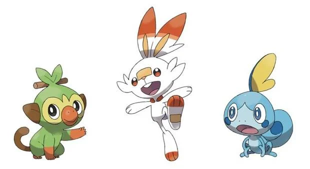 pokémon octava generación espada y escudo Grookey (tipo Planta), Scorbunny (tipo Fuego) y Sobble (tipo Agua)
