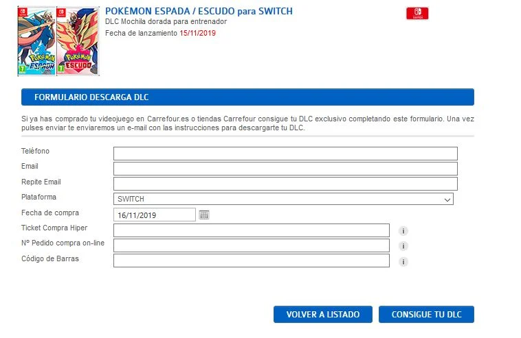 Formulario canjear DLC carrefour pokémon