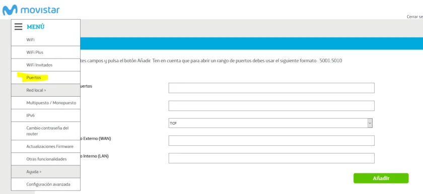 Menú del router para configurar la redirección de puertos