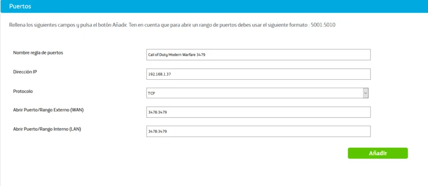 Crear una regla para abrir puertos del router