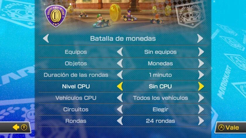 Configuración de Batalla de monedas sin CPU en Mario Kart 8 Deluxe