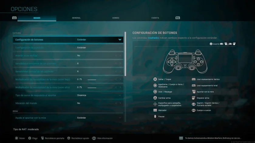 configuración modern warfare ps4