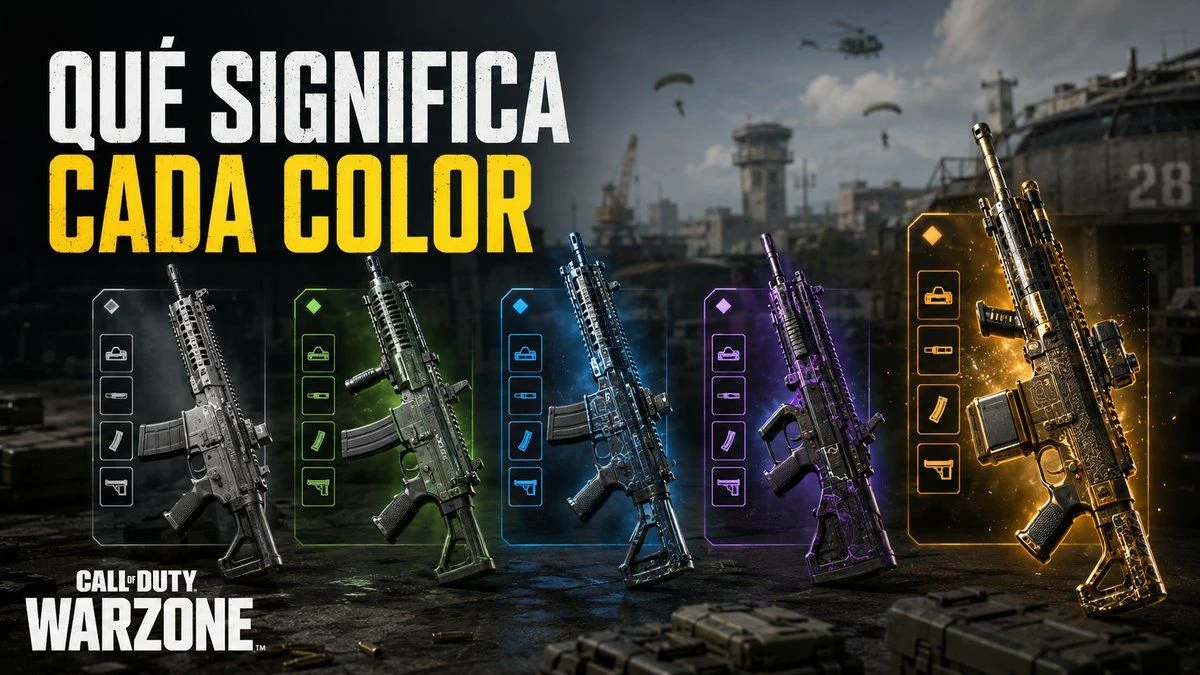 Varias armas de Call of Duty: Warzone representadas con los colores de rareza gris, verde, azul, morado y legendario.