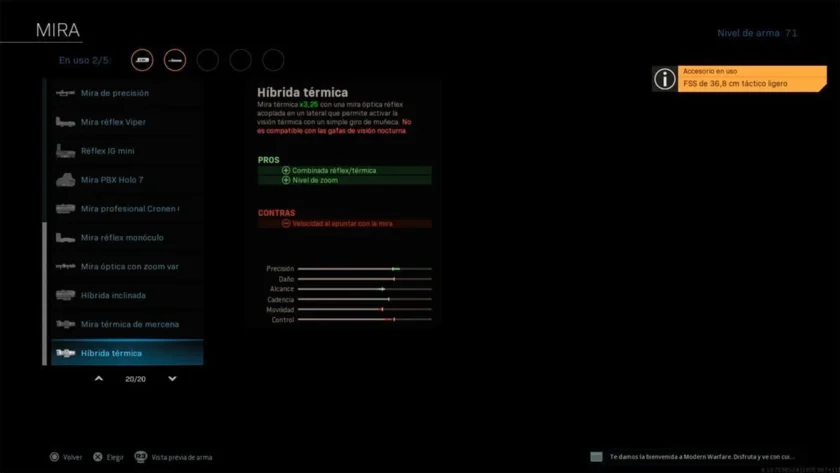 Mira híbrida térmica disponible para personalizar un arma en Warzone clásico