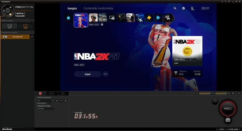 capturadora 4K avermedia ps5 recentral