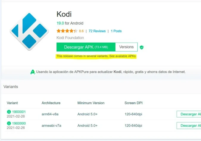 kodi apk pure dos versiones android
