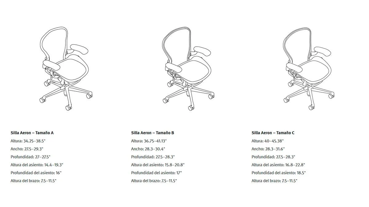 tallas y tamaños aeron herman miller