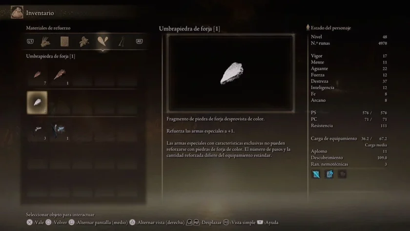 Umbapiedra de Forja para mejorar armas especiales en Elden Ring