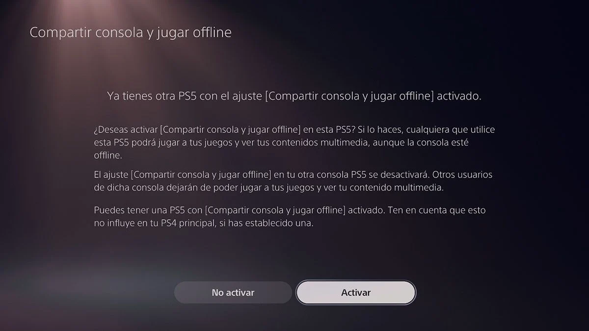 Pantalla de PS5 para activar el uso compartido de consola y juego offline
