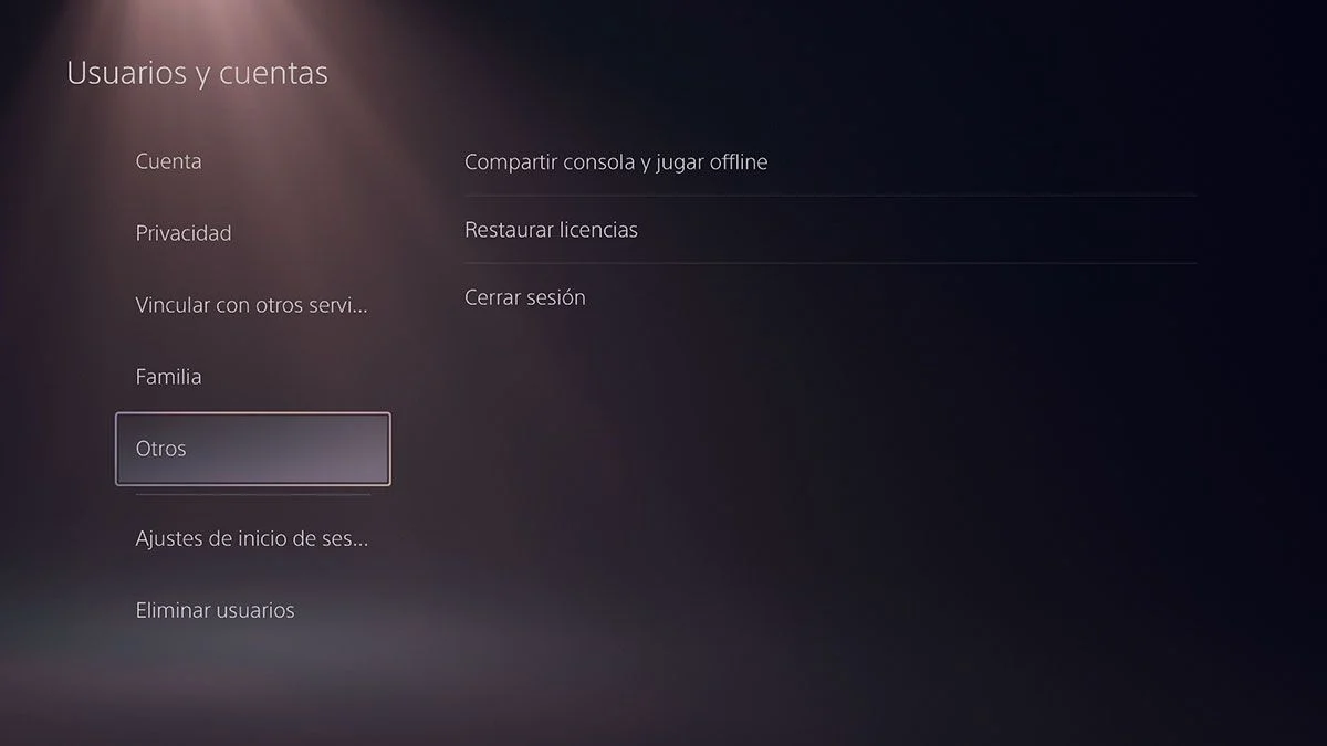 Menú Usuarios y cuentas de PS5 para configurar el uso compartido de consola