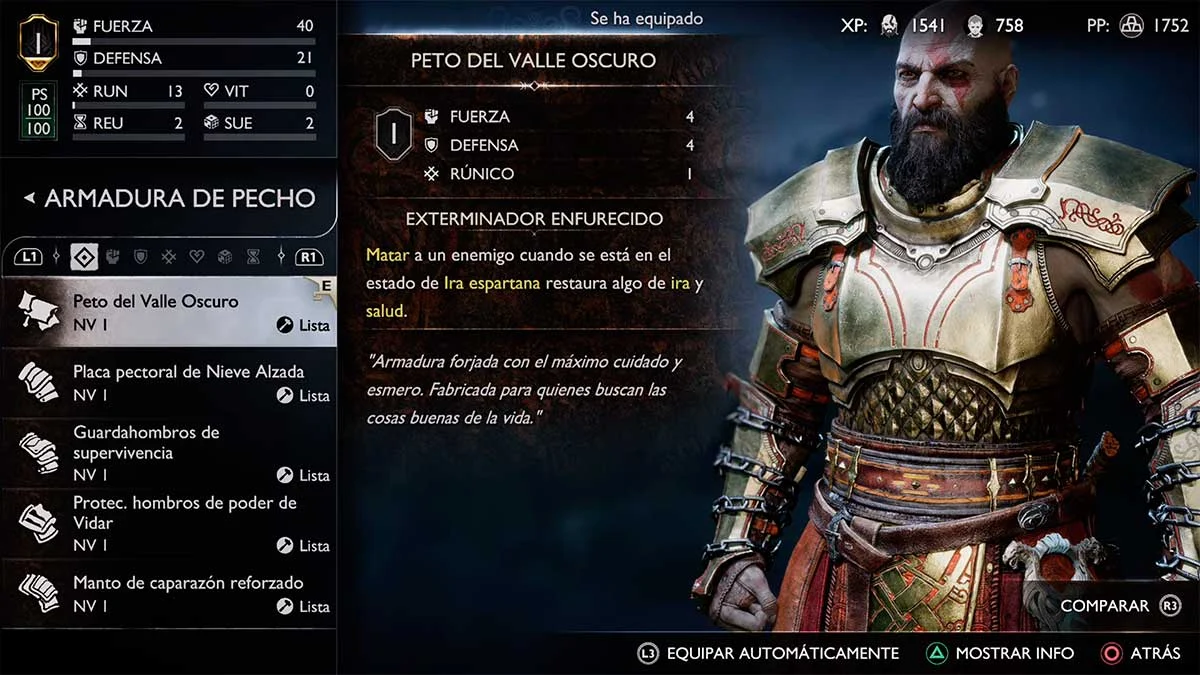 Estadísticas de la armadura del Valle Oscuro en God of War Ragnarök