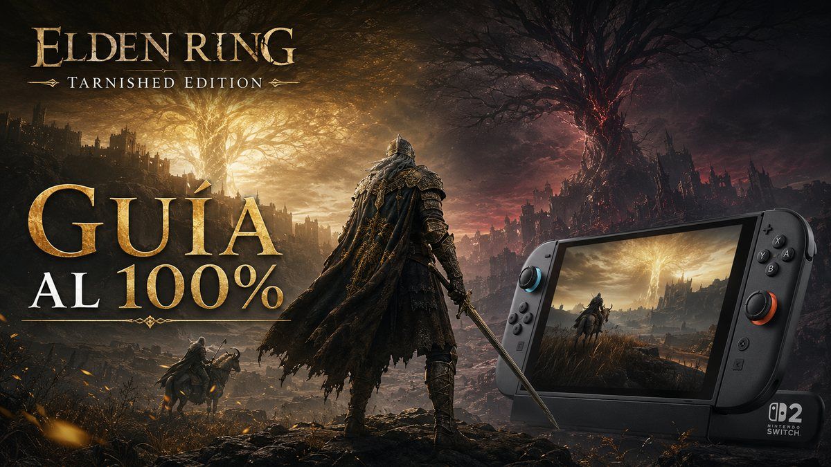 Sinluz de Elden Ring junto a una Nintendo Switch 2, con las Tierras Intermedias y el Reino de las Sombras al fondo