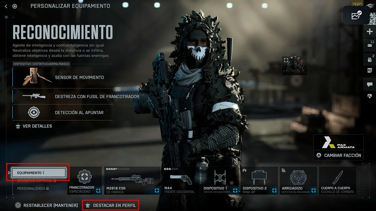 opción Destacar en perfil dentro de Equipamientos de Battlefield 6