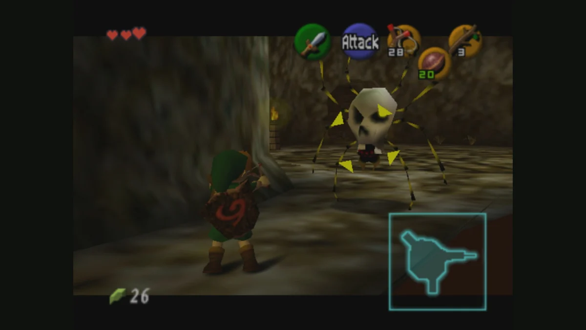 Link fija a una Skulltula común en el interior del Árbol Deku de Ocarina of Time.