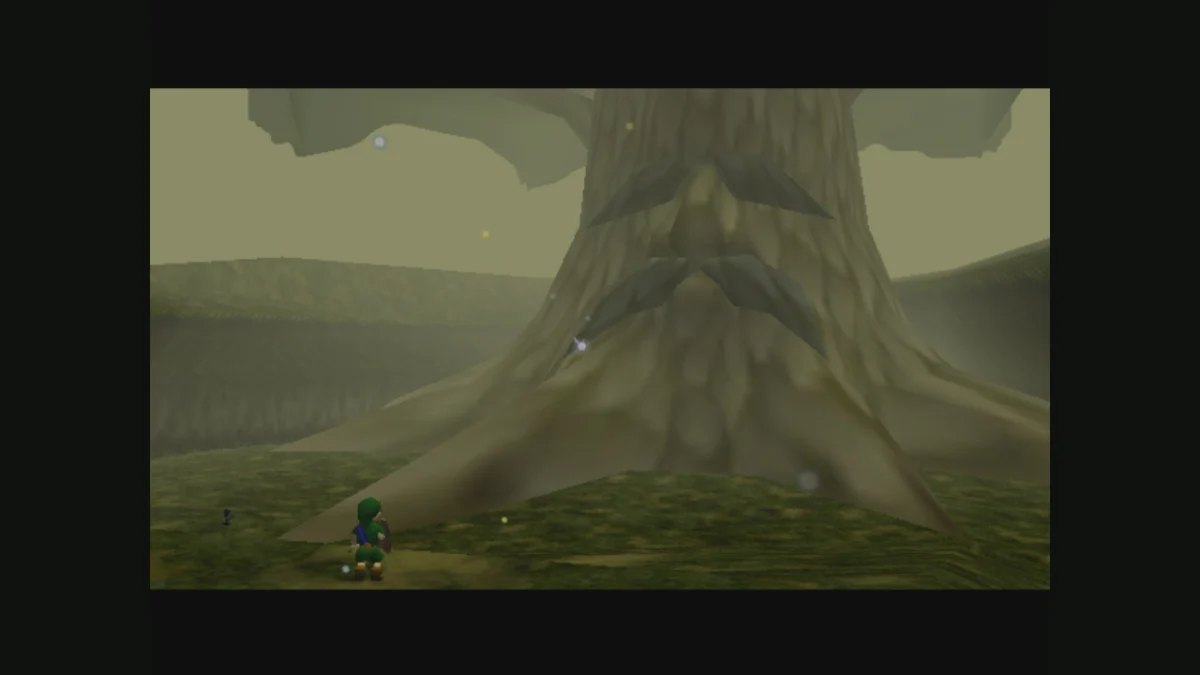 Link niño frente al Gran Árbol Deku en Ocarina of Time.