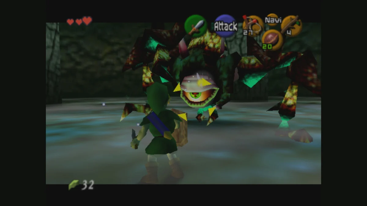 Link se enfrenta a Gohma, el jefe del Gran Árbol Deku, en Ocarina of Time.