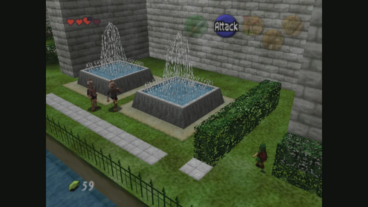 Link se oculta de los guardias en los jardines del Castillo de Hyrule.