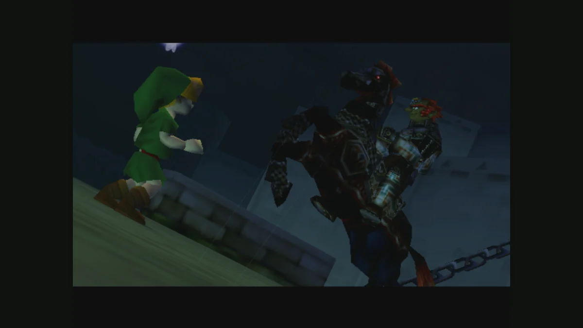 Link niño se encuentra con Ganondorf a caballo junto al Castillo de Hyrule.