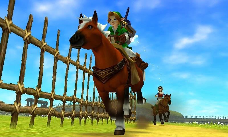 Link adulto montado en Epona en el Rancho Lon Lon de Ocarina of Time 3D.