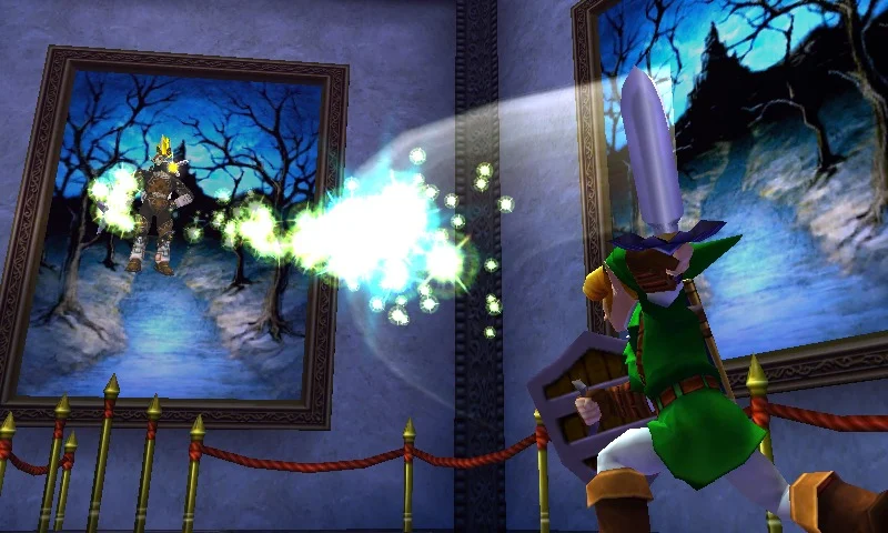 Link devuelve un proyectil de Ganon Fantasma con la espada en Ocarina of Time 3D.