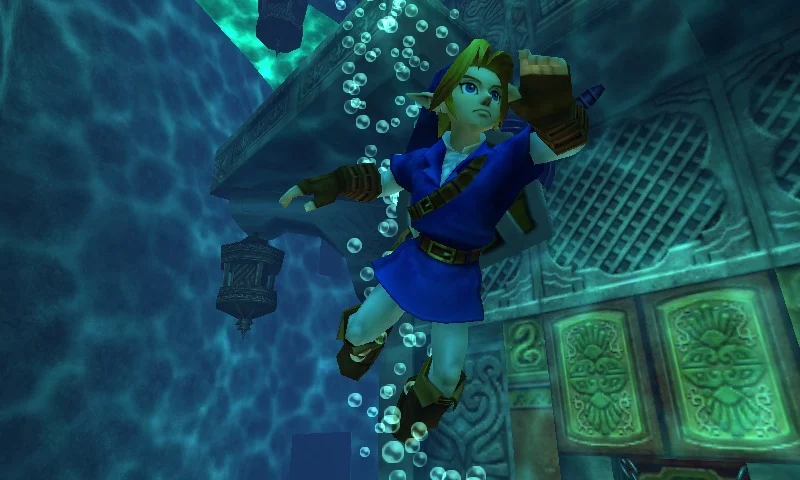 Link adulto bajo el agua en una captura oficial de Ocarina of Time 3D.
