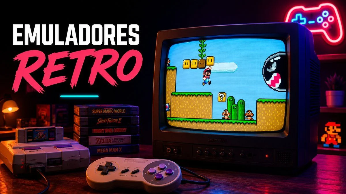 Emuladores retro en una televisión CRT con Super Mario World y mando clásico en una habitación gaming con luces de neón.