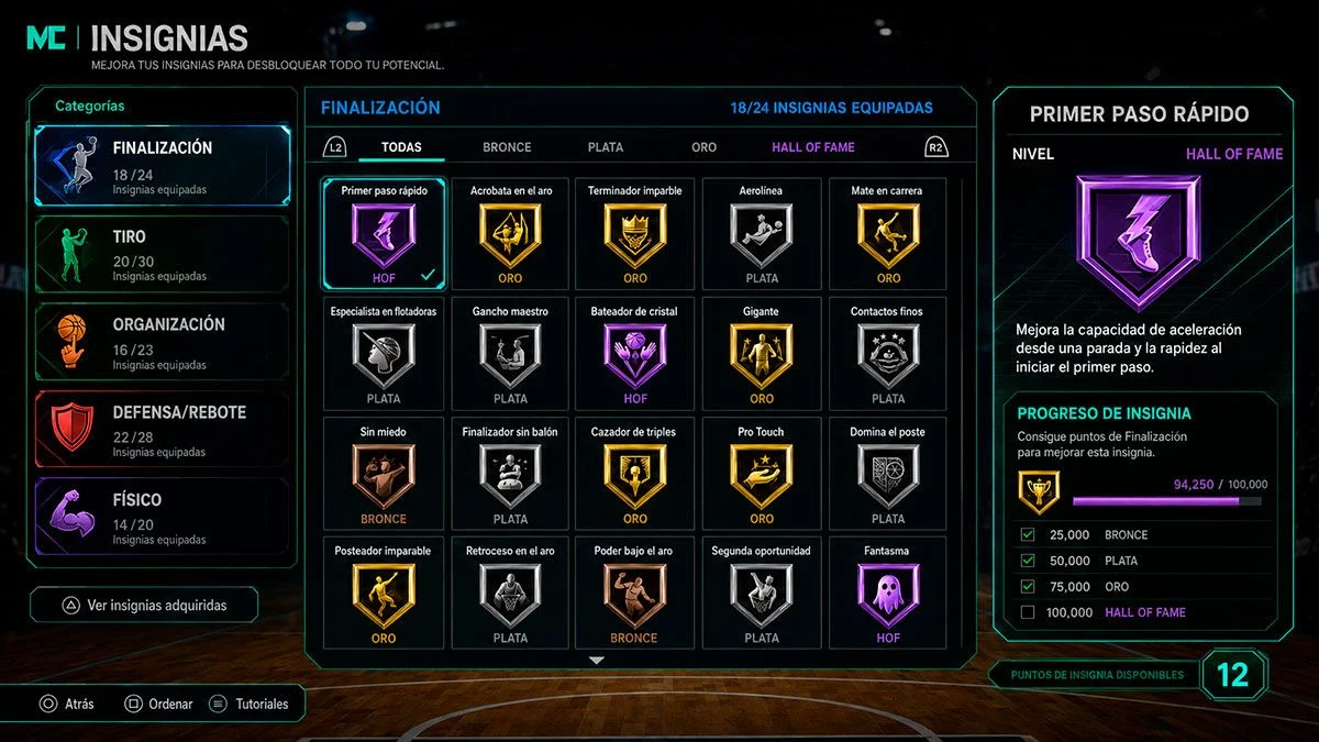 Insignias y habilidades de un jugador de Mi Carrera en NBA 2K