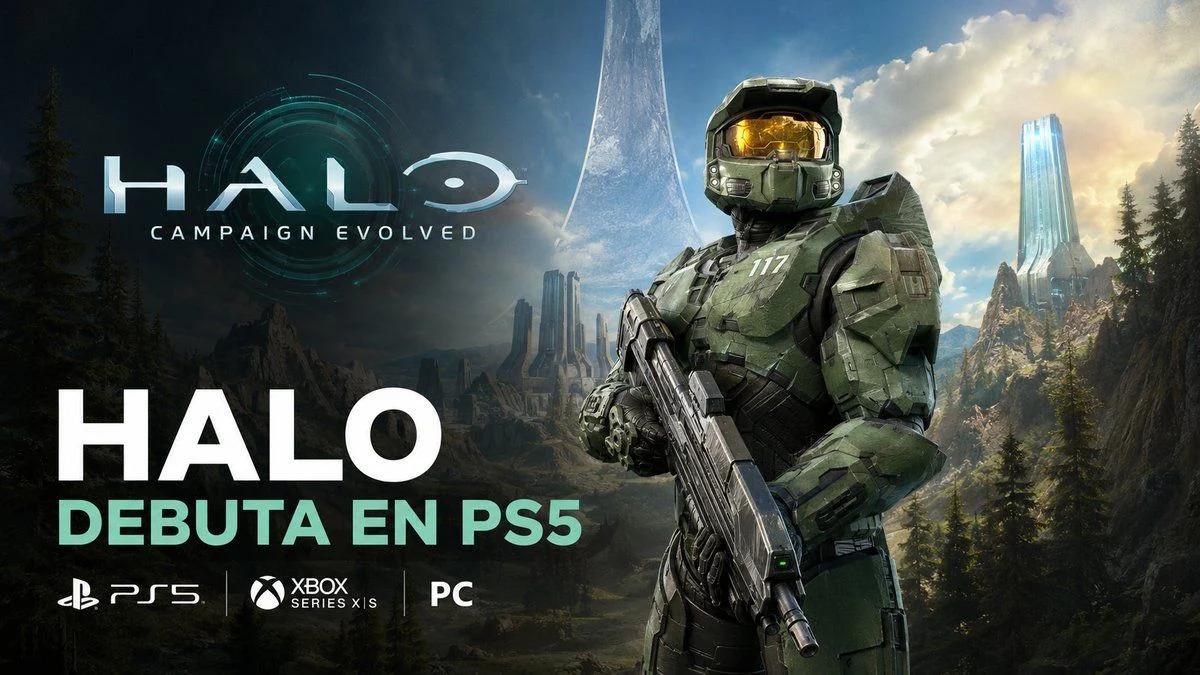 Jefe Maestro en Halo: Campaign Evolved ante un escenario del anillo Halo, con referencias a su lanzamiento en PS5, Xbox y PC.