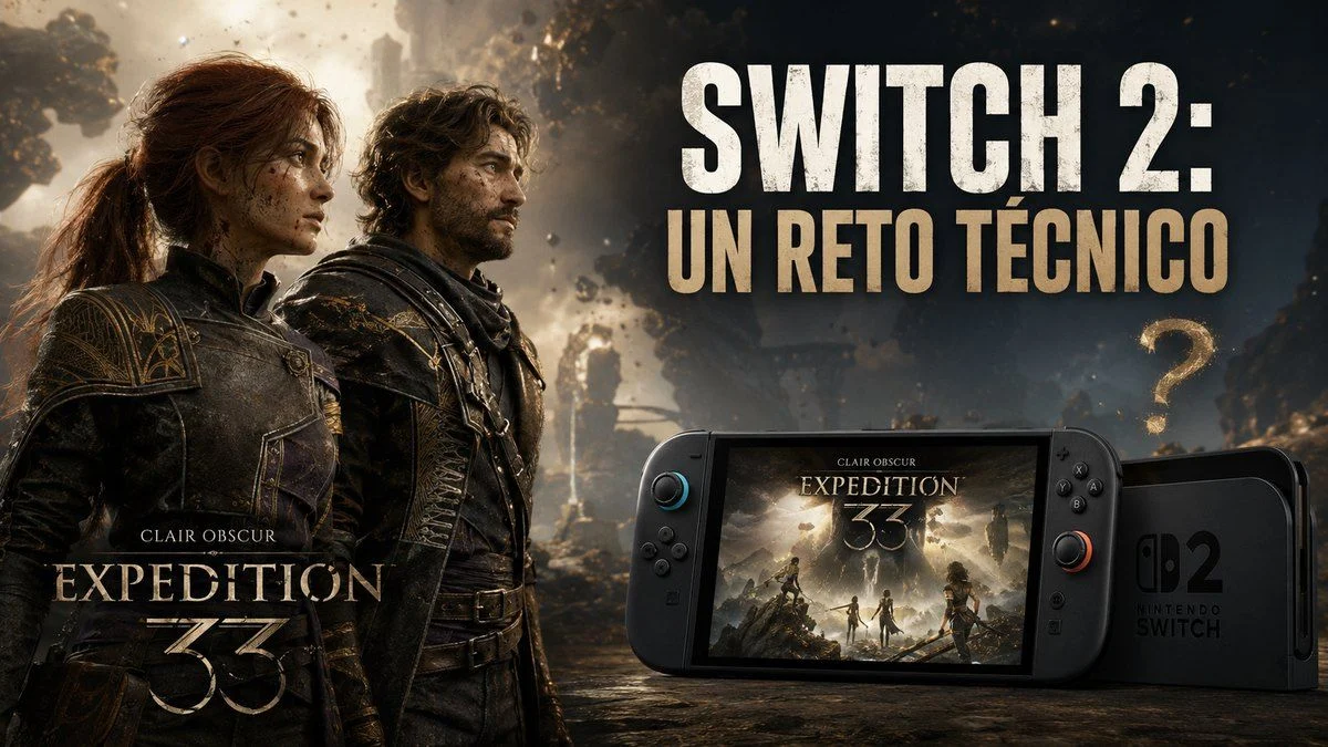 Personajes de Clair Obscur: Expedition 33 junto a una Nintendo Switch 2 en un montaje editorial