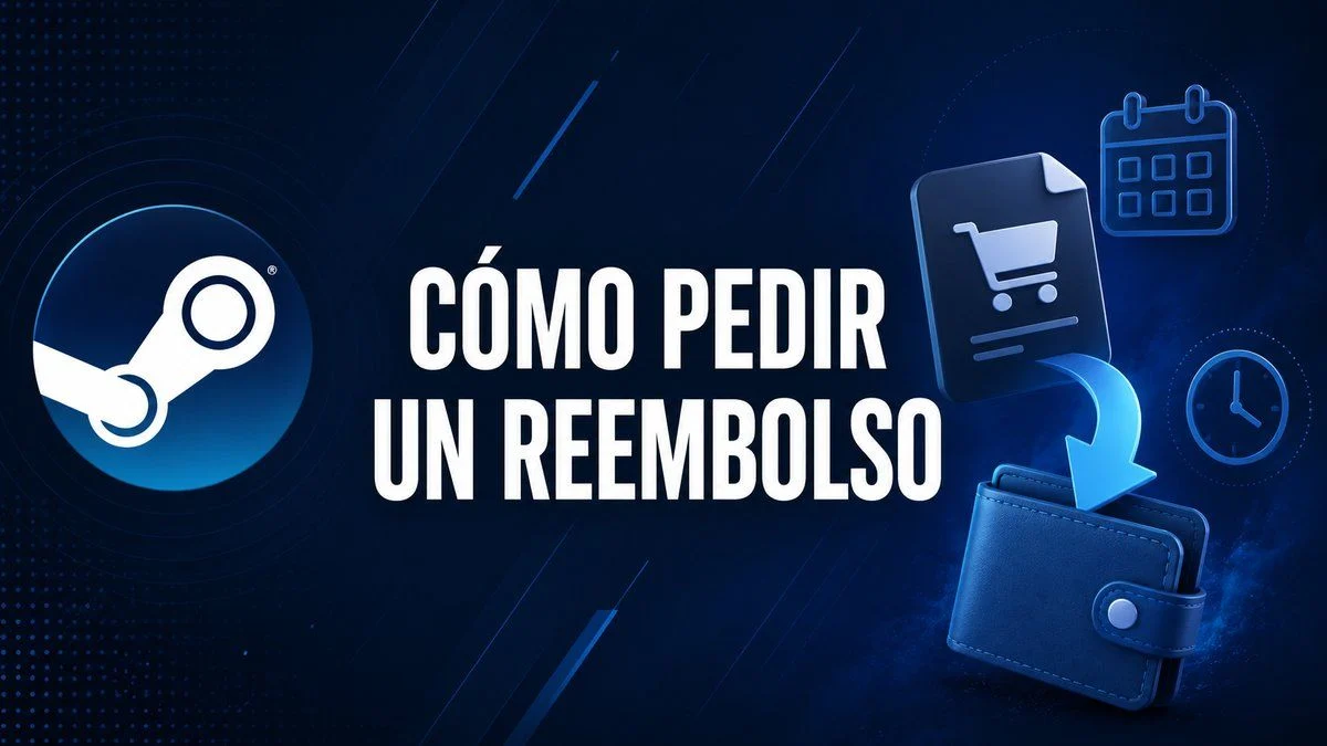 Logotipo de Steam junto a símbolos de devolución para una guía sobre cómo pedir un reembolso.