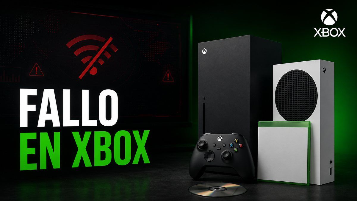 Consolas Xbox Series X y Series S junto a un disco físico y un aviso visual de interrupción de los servicios de Xbox