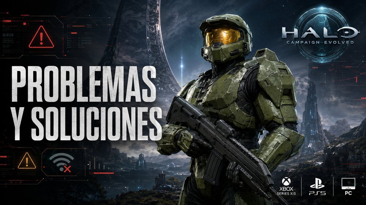 Jefe Maestro junto a varios avisos visuales de error en una guía de problemas y soluciones de Halo: Campaign Evolved