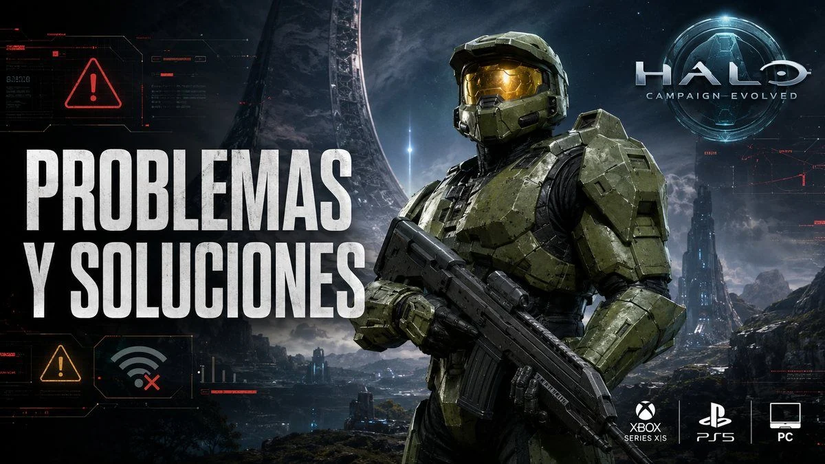 Jefe Maestro junto a varios avisos visuales de error en una guía de problemas y soluciones de Halo: Campaign Evolved