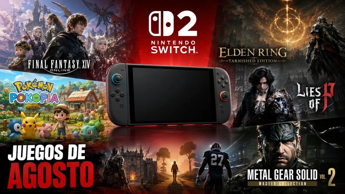 Nintendo Switch 2 rodeada por varios de los juegos destacados que llegan durante agosto de 2026