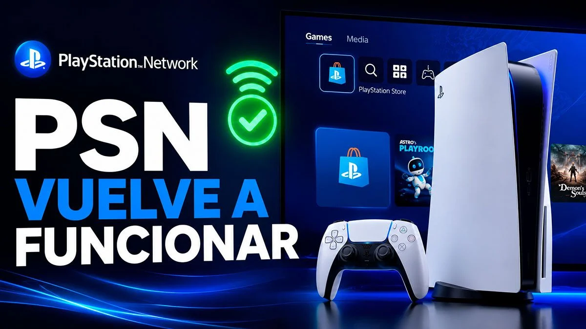 Consola PS5 y mando DualSense junto a un indicador de conexión de PlayStation Network restaurada.