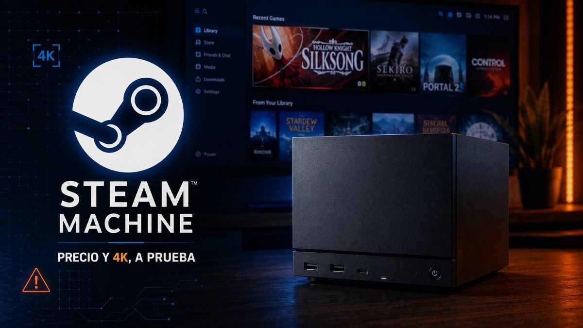 Steam Machine de Valve en un salón gaming junto al texto «Precio y 4K, a prueba