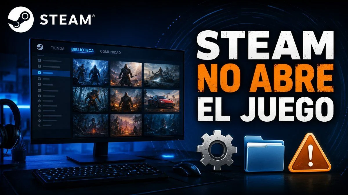 Pantalla de ordenador con Steam y símbolos de reparación para solucionar juegos que no se abren.