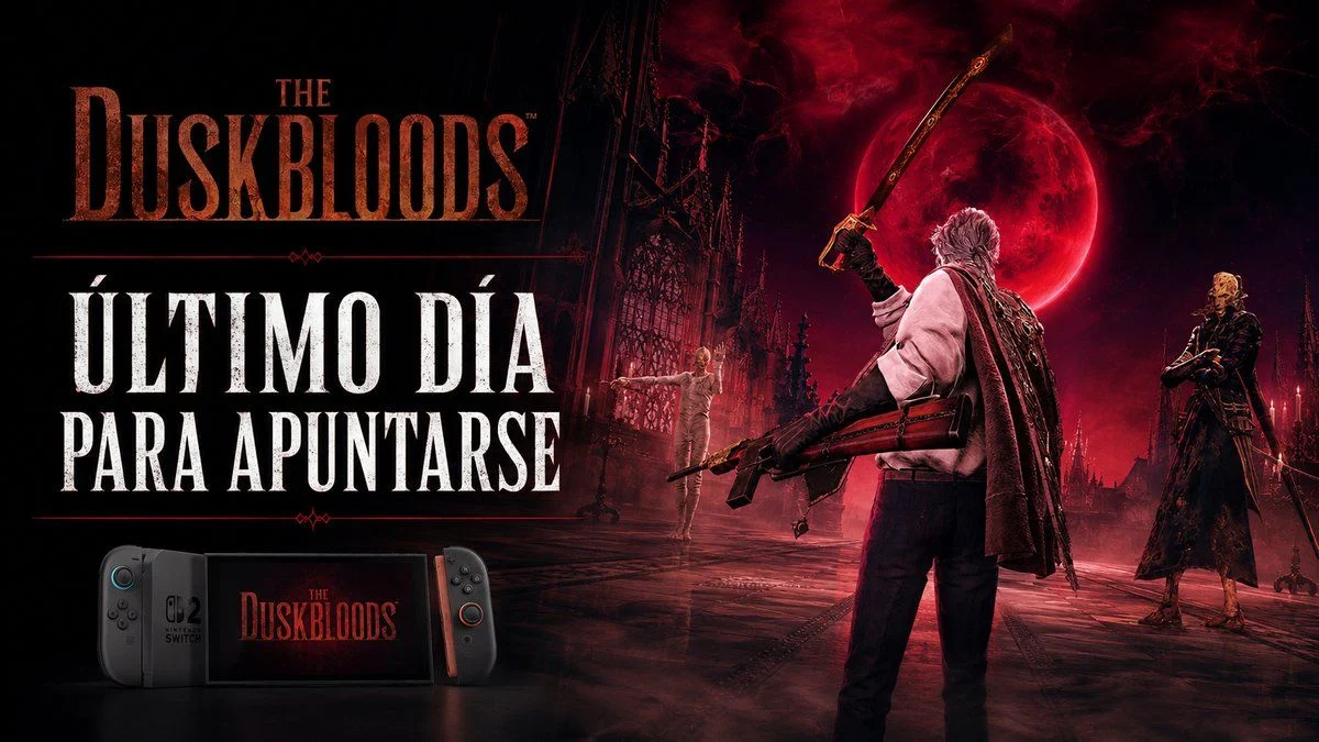 Personajes oficiales de The Duskbloods junto al logotipo del juego y una Nintendo Switch 2 para anunciar el cierre de la prueba de red.