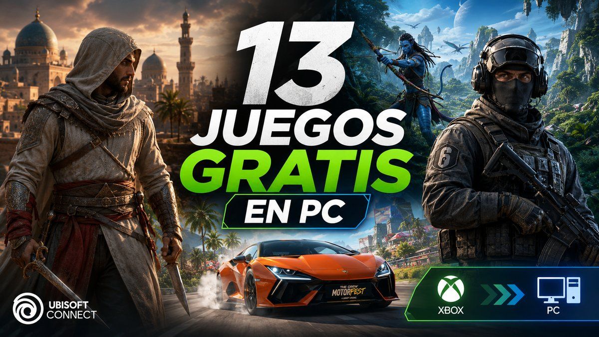 Personajes y escenarios oficiales de varios juegos de Ubisoft junto a los logotipos de Xbox, PC y Ubisoft Connect.