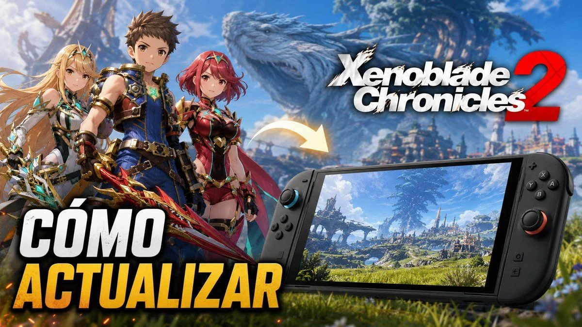Rex, Pyra y Mythra junto a una Nintendo Switch 2 en una guía para actualizar Xenoblade Chronicles 2.