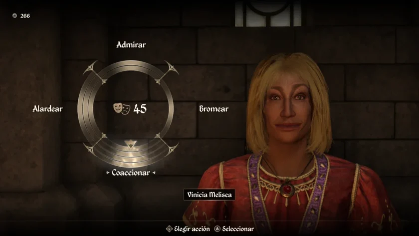 Vinicia Melissaeia sonríe durante el minijuego de Persuasión en Oblivion Remastered.