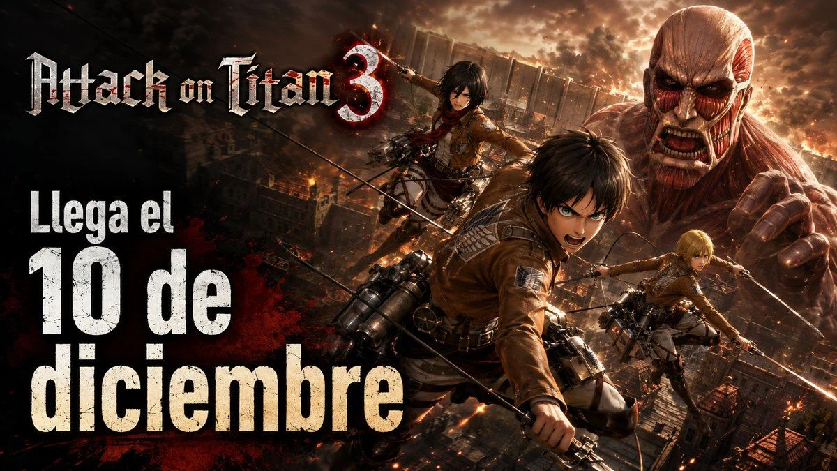 Personajes de Attack on Titan 3 enfrentándose a varios titanes en una ciudad, junto a la fecha de lanzamiento del juego