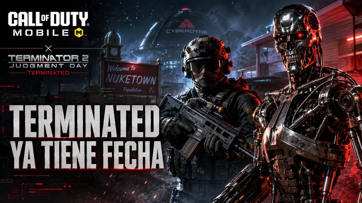 T-800 y operador de Call of Duty Mobile en la Temporada 7 Terminated con Nuketown al fondo