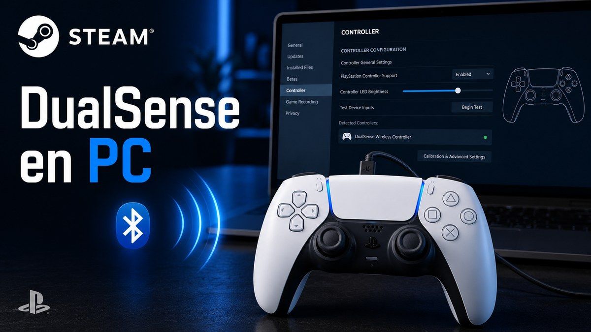 Mando DualSense conectado por USB a un PC junto al logotipo de Steam y un símbolo de Bluetooth.
