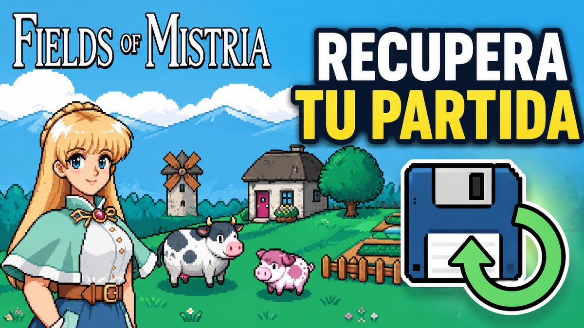 Fields of Mistria con su arte oficial para una guía sobre cómo recuperar una partida desaparecida en Steam Deck.