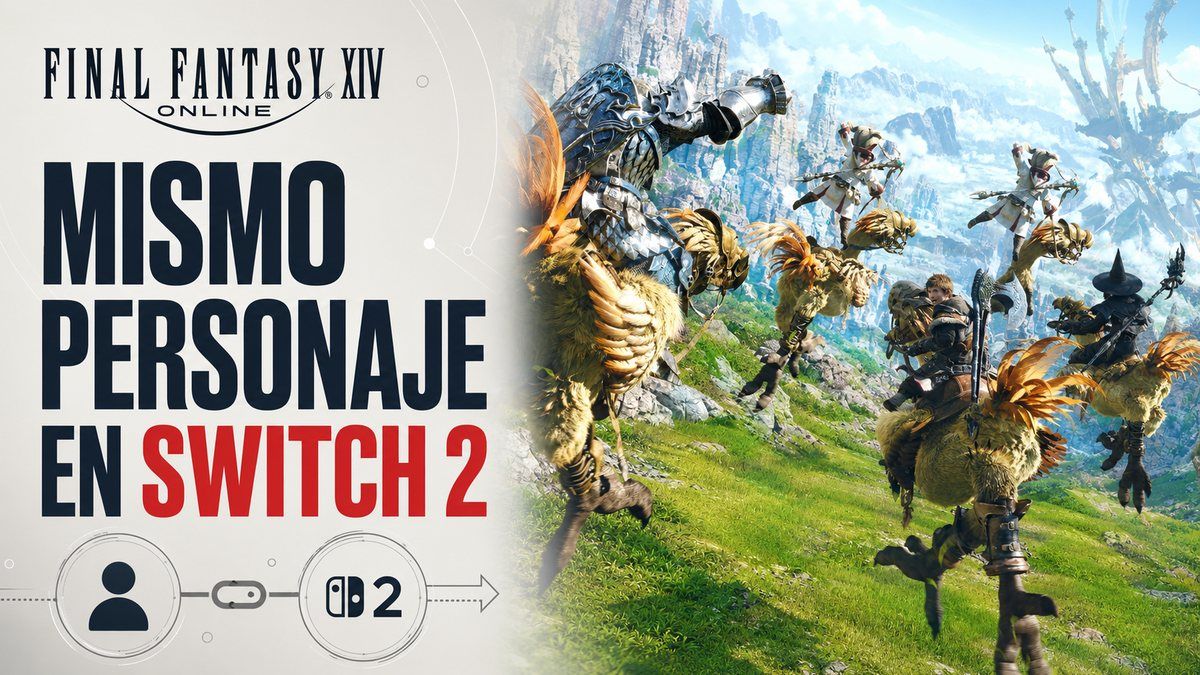 Personajes de Final Fantasy XIV en una composición editorial sobre cómo usar el mismo personaje en Nintendo Switch 2.